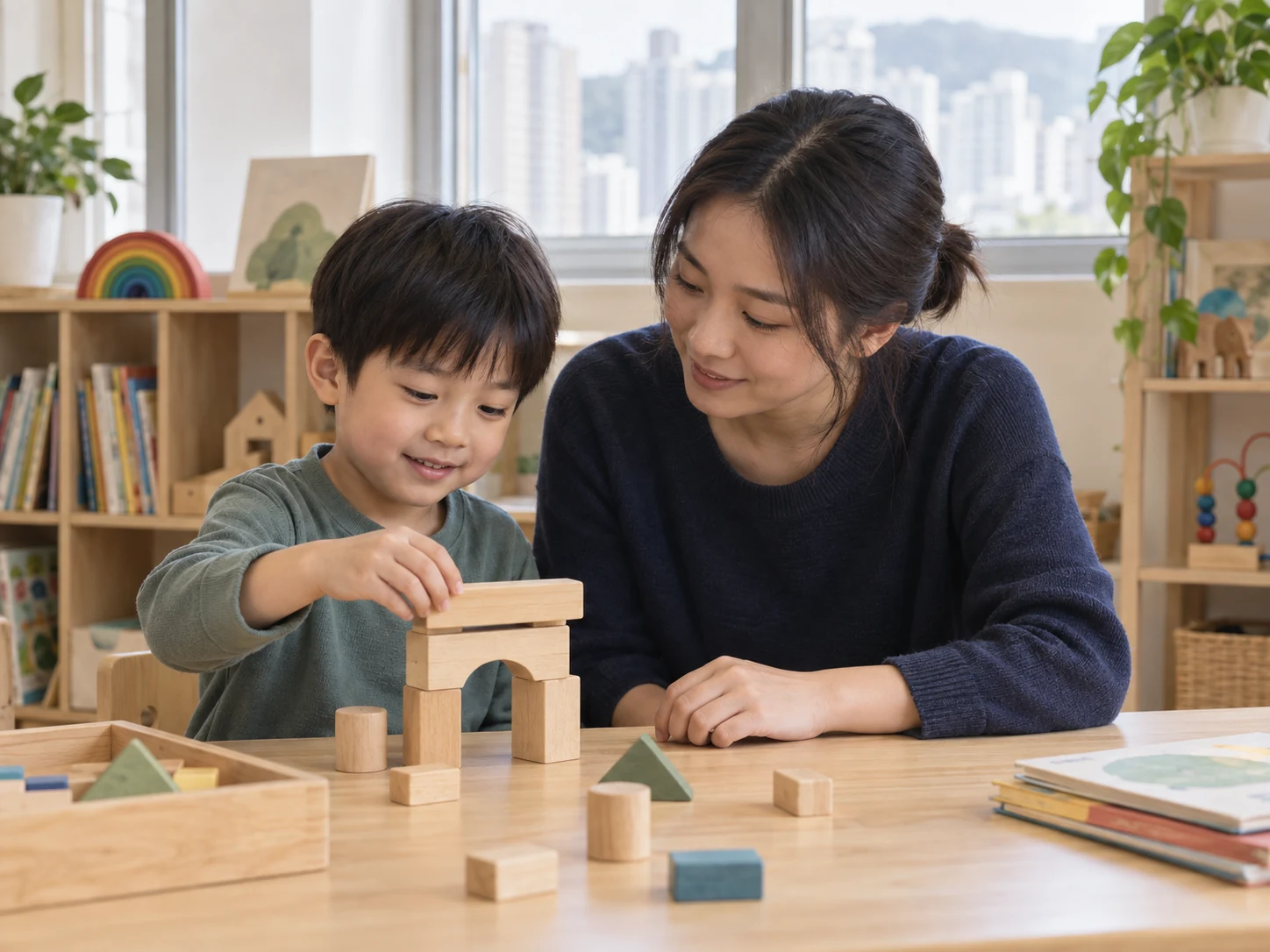 家長陪伴孩子在木桌旁一起砌積木