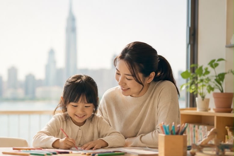 母親陪女兒在窗邊畫畫，窗外是維港天際線