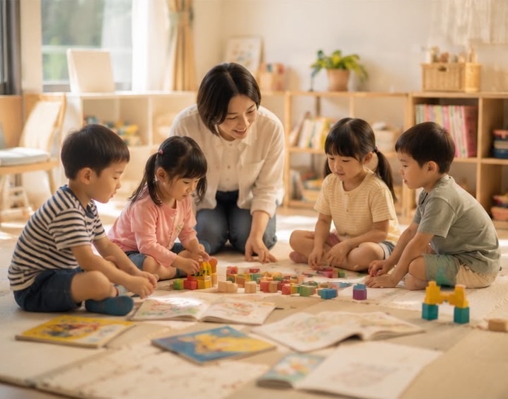 照顧者跪在地墊上，與四個孩子一起玩積木和看圖書