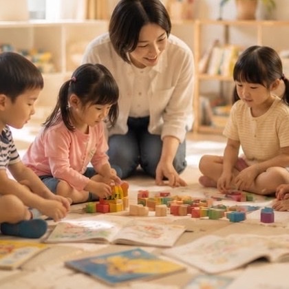照顧者跪在地墊上陪孩子玩積木