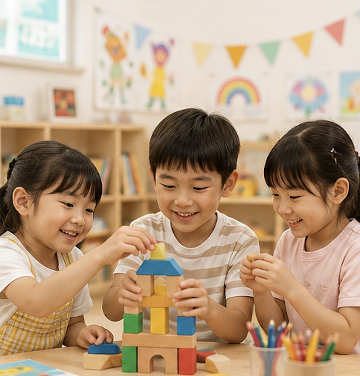 三個孩子在課室一起砌積木