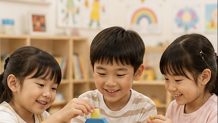 三個孩子在課室一起砌積木