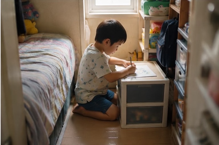 男孩跪在狹小房間的床邊，在膠抽屜上畫畫